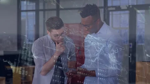 Animation of loading bars, globe and map over diverse coworkers discussing over Stock Footage 325961628