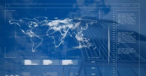 Animation of loading bars, map and computer language, low angle view of building Stock Footage 244734868