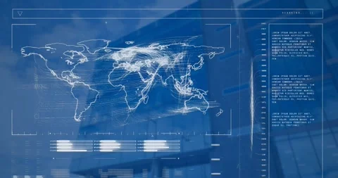 Animation of loading bars, map and computer language, low angle view of building Stock Footage 244734922