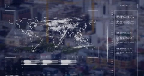 Animation of loading bars, map and wave pattern over modern city in background Stock Footage 247318739