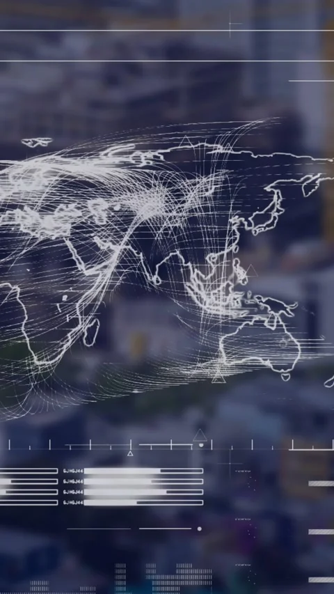 Animation of loading bars, map and wave pattern over modern city in background Stock Footage 319212633