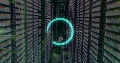 Animation of loading circle over dots against server racks and equipment in Stock Footage 328642294