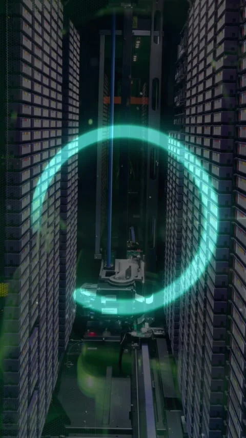 Animation of loading circle over dots against server racks and equipment in Stock Footage 341991661