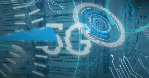 Animation of loading circles, 5g text, graph and circuit board pattern over data Stock Footage 257068434