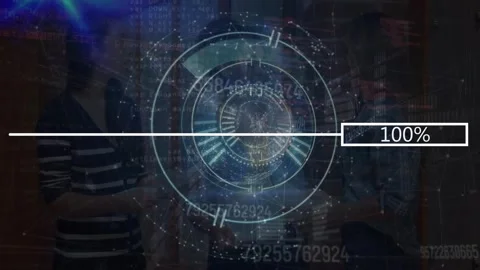 Animation of loading circles and bar over connected dots forming globes and Video stock 328974516