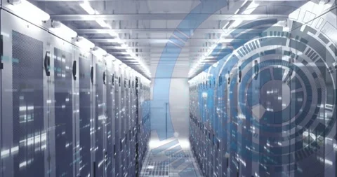 Animation of loading circles and bars on data server racks in server room Stock Footage 327849216
