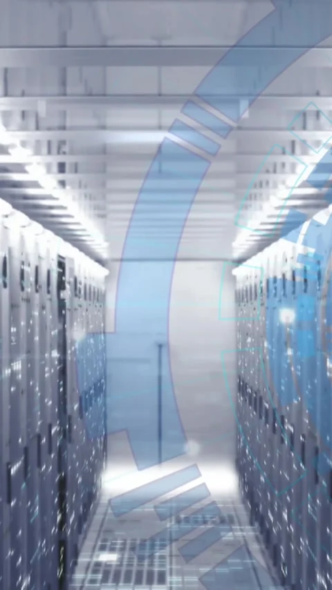 Animation of loading circles and bars on data server racks in server room Stock Footage 344774966
