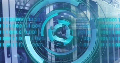 Animation of loading circles and binary codes over data server racks in server Stock Footage 250592156