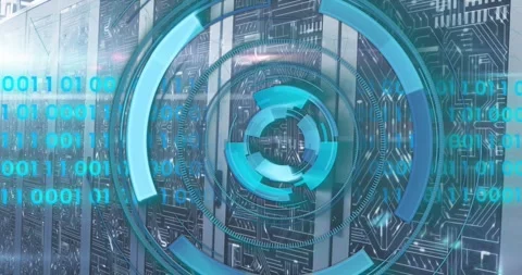 Animation of loading circles and binary codes over circuit board pattern on data Stock Footage 250592168