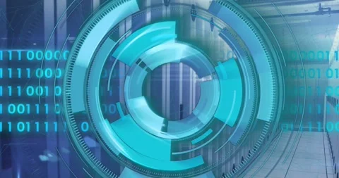 Animation of loading circles and binary codes over data server room Stock Footage 325771522