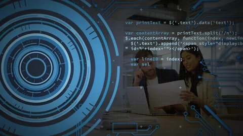 Animation of loading circles and computer language over diverse coworkers Stock Footage 247260312