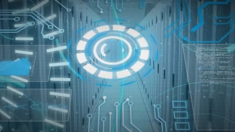 Animation of loading circles and computer language against server room in Stock Footage 247260342
