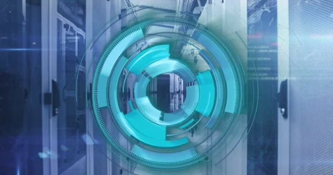 Animation of loading circles and computer language over server room Stock Footage 247261435