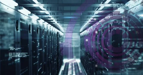 Animation of loading circles and computer language over server room Stock Footage 247616305