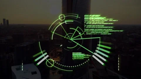 Animation of loading circles and computer language over aerial view of modern Stock Footage 247908416