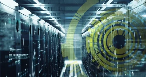 Animation of loading circles and computer language over bars on data server Stock Footage 248281125