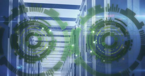 Animation of loading circles and computer language over data server room Stock Footage 250381826