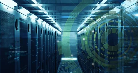 Animation of loading circles and computer language over data server room Stock Footage 250381846