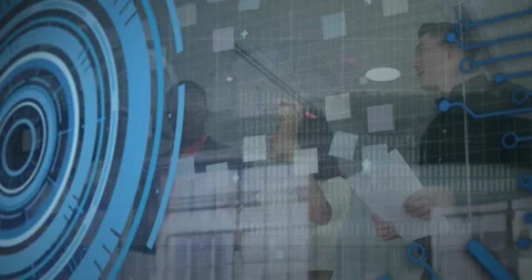 Animation of loading circles and computer language, diverse coworkers discussing Stock Footage 250591942