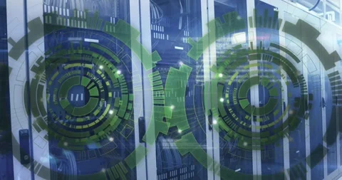Animation of loading circles and computer language over data server racks in Stock Footage 250592133