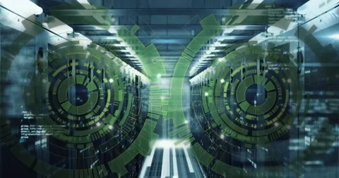 Animation of loading circles and computer language over data server room Stock Footage 250592157