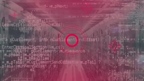 Animation of loading circles and computer language over data server room Stock Footage 253429310