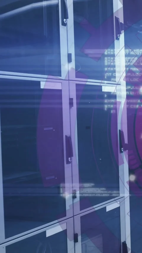 Animation of loading circles and computer language over data server room Stock Footage 319156374