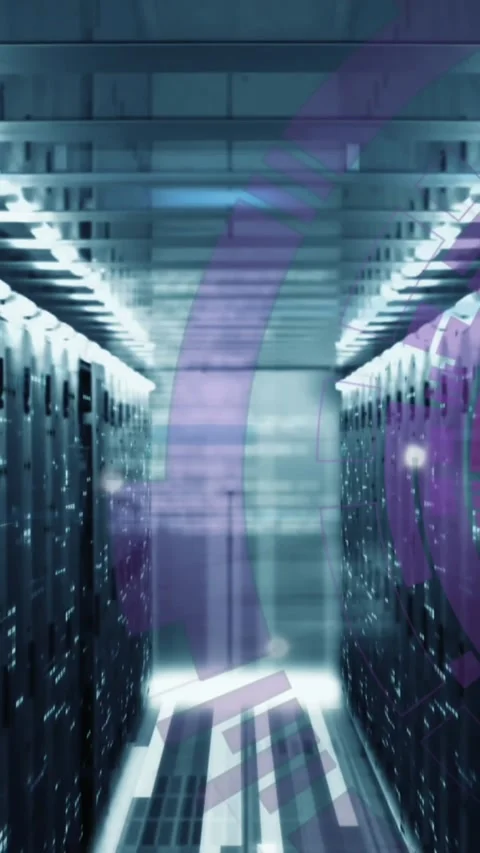 Animation of loading circles and computer language over server room Stock Footage 321039528