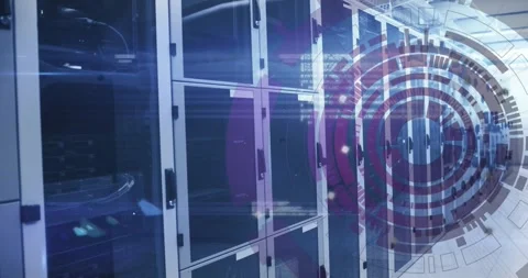 Animation of loading circles and computer language over data server room Stock Footage 327444984