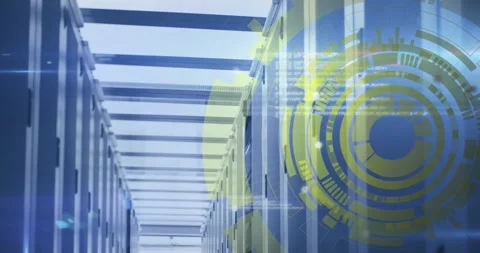Animation of loading circles and computer language over server racks in server Stock Footage 329226029