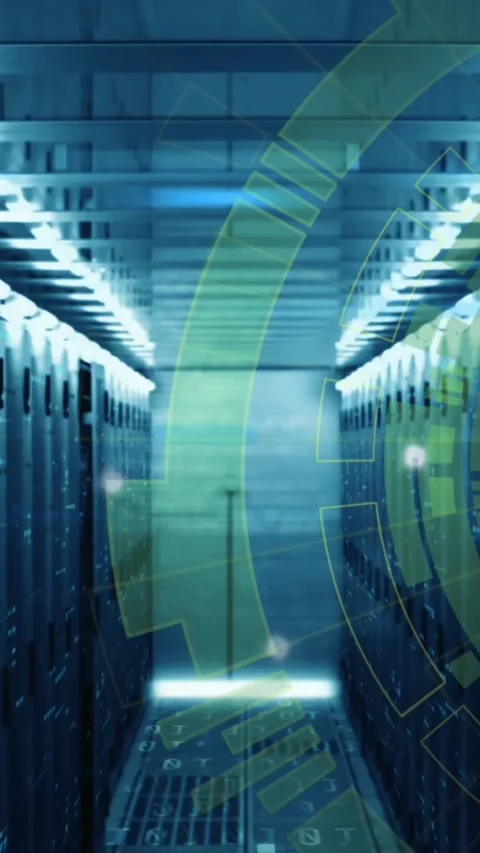 Animation of loading circles and computer language over data server room Stock Footage 344636493