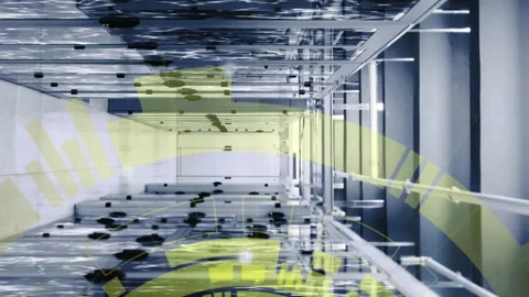 Animation of loading circles and connected dots on server racks of server room Stock Footage 313095195