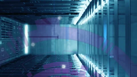 Animation of loading circles, bars and computer language over data server room Stock Footage 312696723