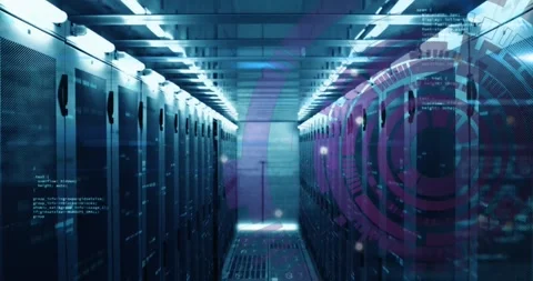 Animation of loading circles, bars and computer language over data server room Stock Footage 330662261