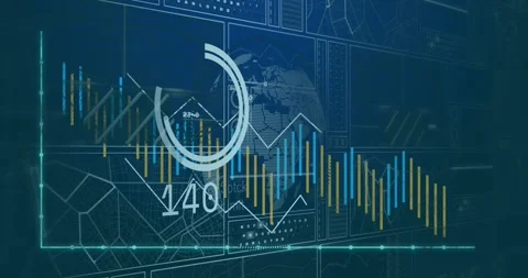 Animation of loading circles, changing numbers, graphs, navigation pattern on Stock Footage 327961852