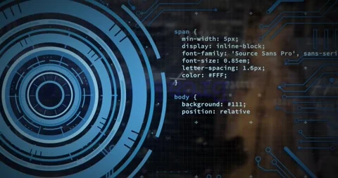 Animation of loading circles, circuit board pattern and computer language over Stock Footage 249679850