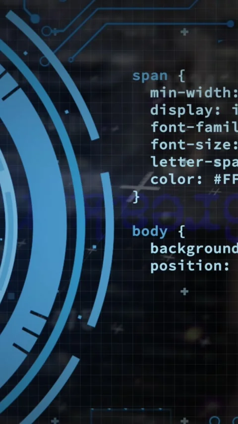 Animation of loading circles, circuit board pattern and computer language over Stock Footage 319415818