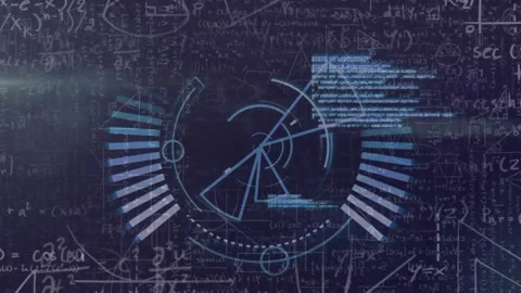 Animation of loading circles, computer language over mathematical equations and Stock Footage 247616368