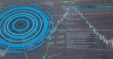 Animation of loading circles, computer language and graphs over modern cityscape Stock Footage 247691009