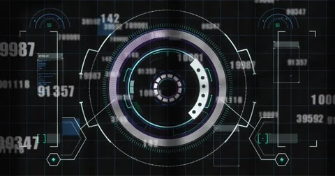 Animation of loading circles, computer language over falling changing numbers on Stock Footage 257068029