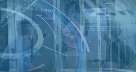 Animation of loading circles, computer language, server room against diverse Stock Footage 330658105