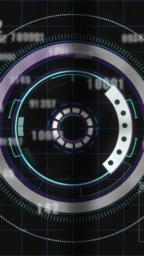 Animation of loading circles, computer language over falling changing numbers on Stock Footage 343954438