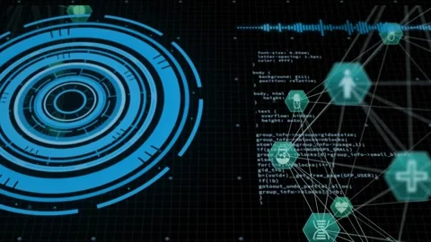 Animation of loading circles, connected dots forming globe, computer language Stock Footage 248821922