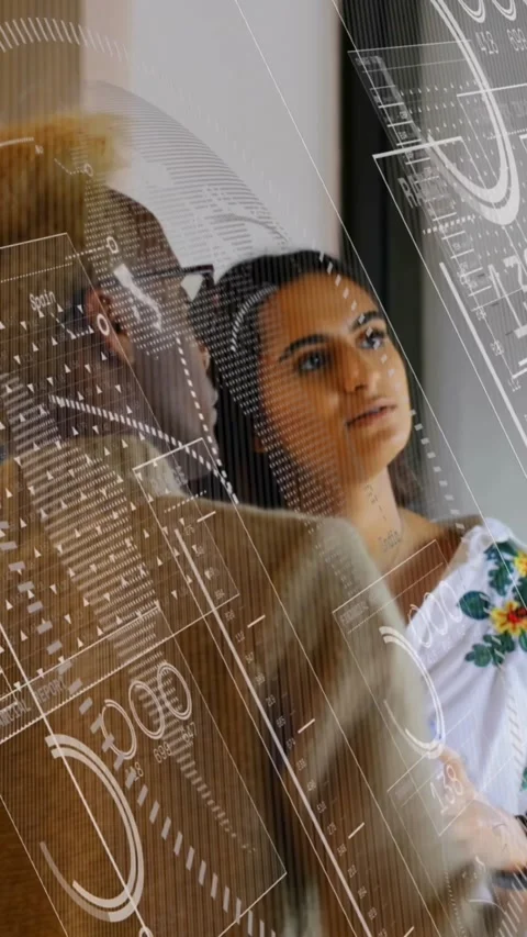 Animation of loading circles, globe, changing numbers, diverse coworkers Stock Footage 344783611
