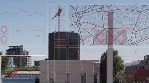 Animation of loading circles, graph, navigation pattern over under construction Stock Footage 243843865