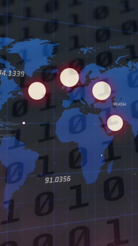 Animation of loading circles icons and binary coding, numbers changing over Video stock 320164762