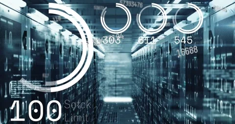 Animation of loading circles with numbers and codes over network server room Video stock 246733363
