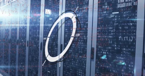 Animation of loading circles, numbers, mathematical equation, binary codes on Stock Footage 248502441