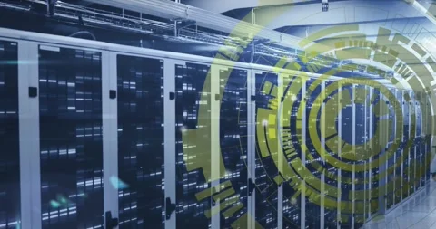 Animation of loading circles over bars on data server systems in server room Stock Footage 326192856