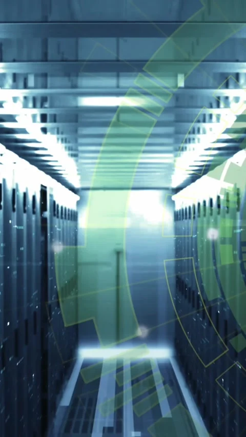 Animation of loading circles over bars on data server systems in server room Stock Footage 344636487